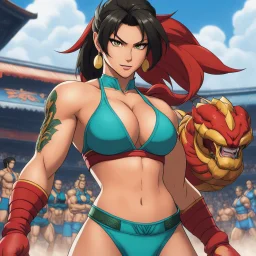 [high res photo of an actress for the launch Street Fighter III: New Generation/Official Art by Daigo Ikeno] the athletic Ardried Lash, with a tattoo of the Serpent's Tooth, in her iconic two piece swimsuit stands up on the ring, seen by below
