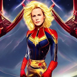 Captain Marvel,flying in the sky, hair on fire, realistic, vibrant colors, Kate beckinsale's face, long hair, gold angel wings, full body