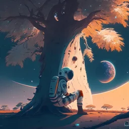 A lonely astronaut sits under the shade of an old tree on the edge of a planet. He looks at a beautiful galaxy. And he is thinking while waiting for his love.4k, high resolution. full detail. digital art, anime, cartoon