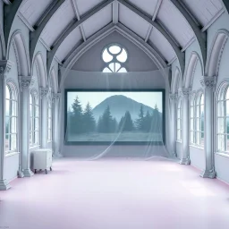 A Hasselblad H6D-400c photo of a gothic odd room with white structures and a large computer screen. A transparent tarpaulin covers an image resembling a ruined building. There is a group of fir trees in the background and a high hill in the distance. The surface below is in a pastel color. Fog is present.