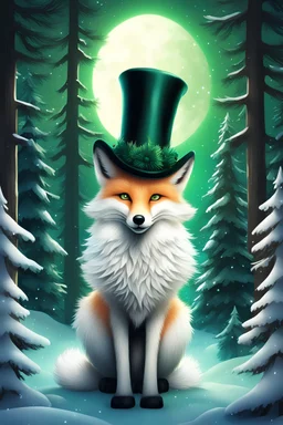 Cute fantasy white Christmas fox wearing a top hat; big pine trees all around; green volumetric lighting in the style of Brian Fround