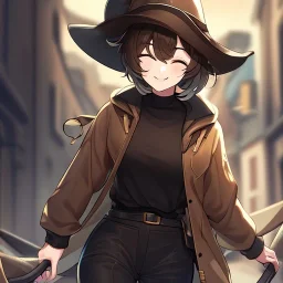 Clear focus, High resolution, short brown spiky hair, hair between eyes, eyes closed, wearing a brown detective hat, wearing a brown jacket and a black shirt, wearing black shorts, 1girl, pulling at down, smiling