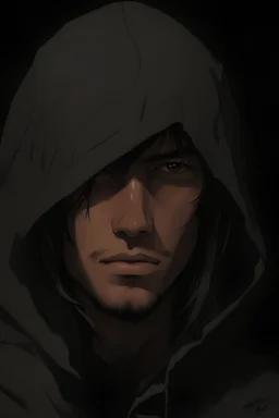 Portrait of a young male with long hair, and tan skin color, wearing a hood, drawn in Yoji Shinkawa style.