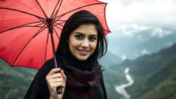 Hyper Realistic Close-Face-View-Of Beautiful Young Happy Pashto Woman With Beautiful-Black-Mascara-Eyes-&-Black-Hair Wearing Black-Frock & Black-Shawl-With-Maroon-Lace Carrying An Red Umbrella On Mountain-Top With Greenery & Breathtaking Cloudy-Rainy-Weather Showing Dramatic & Cinematic Ambiance.