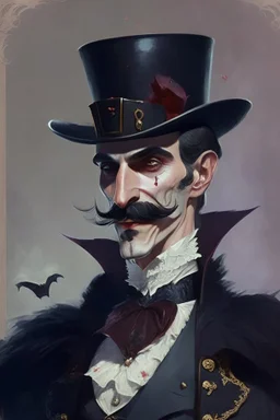 Strahd von Zarovich with a handlebar mustache wearing a top hat giving thanks