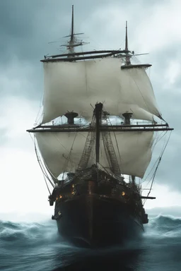 Ship front view with a Spider figurehead at night in a storm with giant waves