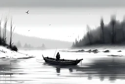 Lonely boat, fishing alone in the cold river and snow, panoramic composition, hazy low and slightly invisible distant mountains, snow flying over the calm water, on a small boat on the distant river, sitting at the stern of the boat, holding a slightly curved fishing rod, the head of the rod hanging low on the river, ink style