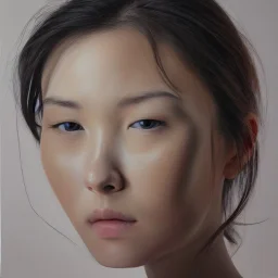  100 % modern conceptual art ,hyper realistic fine art portrait oil painting by Fumi Koike and Jen Mann and Kris Knight of a very beautiful 20 year old woman , front view centered symmetrical composed and cinematic side lighting, hyper-realistic chiracsuro detailed shading and shadows, precise brushstrokes and subtle blended variations in skin color temperature, perfectly proportioned symmetrical facial features, hyper detailed dark eyes with dark circles, cgsociety, trending artforum, octane re