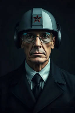 Realistic portrait of a futuristic soviet old corporate security spesialist from the front, a meter away on a dark grey background