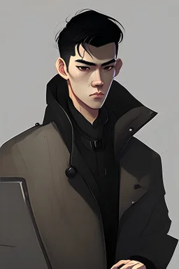 about 175cm in height, 76kg weight, with undercut black hair, brown eyes, thin lips, a game designer, oval face, vietnamese, in front of a laptop, black coat