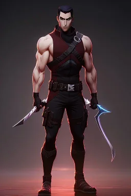 j.scott campbell, muscular ninja assassin, full head to toe portrait, athletic build, wearing black and red baggy pants, big boots, swords behind back, dark hazel eyes, eyes are both in proportion and green, 3/4 look, 5 o'clock shadow, short brown hair, large arms and hands, standing, dark cobblestone alley, one halo white light behind head, non photorealistic rendering