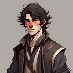 DND lean young male half-elf rogue, short wavy deep mocha hair, inconspicuous common clothes