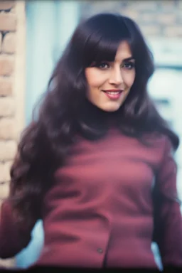 a woman standing in front of a brick wall, home video footage, persian rug, may 6 8, black bangs, waldo in the top right of frame, in a village street, of an beautiful girl, photo still of behind view, 1 female, old footage