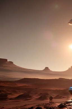 Martian landscape, intricate details, astronaut in foreground with rover, futuristic city in the distance