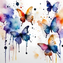 watercolor and alcohol ink, scattered butterflies and ink drops, white background, minimal