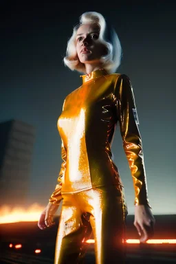 retro sci-fi portrait image from 1980, Los Angeles street explosions, fire, scared people, sweet young blonde woman walking, tight latex suit, soft color, highly detailed, unreal engine 5, ray tracing, RTX, lumen lighting, ultra detail, volumetric lighting, 3d, finely drawn, high definition, high resolution.