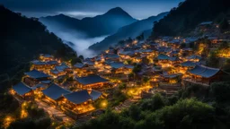 A hidden mountain village built on terraces, with houses carved from crystal and paths lined with glowing, floating lanterns that light up the misty evening air. Award-winning photograph, 80mm focal length, chiaroscuro