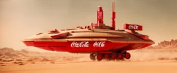 Coca-Cola Branded unmanned combat aerial vehicle flying over a Mcdonalds brand tank, middle east Desert, cinematic, Fuji Film, Anamorphic lens, 2040s, deep depth of field, in a Cyber punk WW3 film, Like Fallout 4