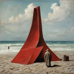 Odd red sculpture, realistic, beach, Max Ernst