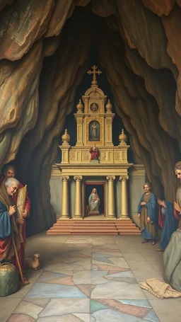 Bosch painting style , An amazing temple with a great religious status all around in un underground dark cave