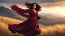 Hyper Realistic Close-Photographic-View of Beautiful-Long-Curly-Black-Haired-Pashto Girl Smiling & whirling with maroon-&-white-dress-with-golden-shawl on mountain top with tall grass & cold-breeze along with a tree & cloudy-sunset behind showing dramatic & cinematic ambiance