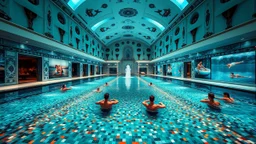 Superb symmetrical pictorial multicoloured mosaic floor, swimming pool, bathers, swimmers, water feature, walls with pictures of bathers and swimmers, symmetrical cathedral style high ceiling, relaxation, romance, luxury, dream world, calm beauty, perfect symmetry, fantasy world, magic, beautiful symmetrical composition, exquisite detail, 85mm lens, adjust perspective, chiaroscuro, night, darkness, dramatic lighting