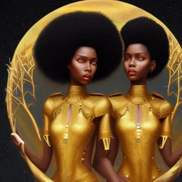 Biologically Female African American Twins, black skin, tall and slender, long afro kinky hair,big brown eyes, long eyelashes warrior wear. Big butts. Gold accents on clothing. Surround by trees. Holding golden spears. Starry night