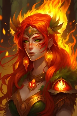 Wild fire druid. Summer eladrin. Red and blonde hair ressembling flames. Tanned skin. Orange-yellow eyes containing flames. Delicate features.Dragon themes.Warrior