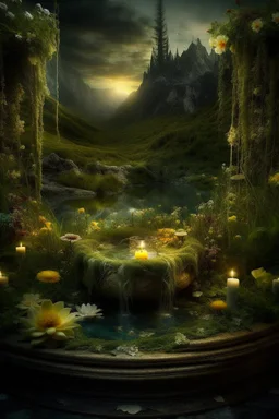 Hyperrealism against the background of a spring landscape in the forest +mirror with a tsunami whirlpool +mountains +ritual +candles+dried flowers+wildflowers+moss++decoupage of flowers+embroidery technique+braided beads+vine+moonlit night,fabulous landscape,surrealism,realism,naturalism,dot technique,microdetalization,high detail objects,digital illustration,volumetric clarity,dark fantasy,dark botanical, professional photo