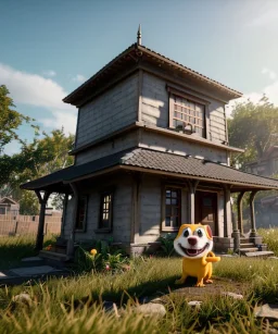 Cartoon pet with a smiley looking at a small house|mdjrny-v4 style| wide angle| intricate detailed| hyperrealistic| cinematic lighting| cinematic colors|hdr | unreal engine