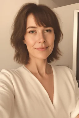 A selfie of a brunette woman, middle short hair taken after massage at spa salon. showing a 37-year-old European woman. She has white skin, tousled brown hair, face without makeup, big round dark brown eyes, cute profiled nose, detailed full lips, skin texture.