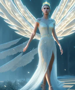 A crystalised queen, atmospheric, realistic, unreal engine, cinematic lighting, octane render, transparent long dress, blonde, full body, wings