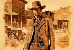 double exposure of young squinting Clint Eastwood as a gunslinger, hat, old west garb, double exposure movie poster art by Drew Struzan, detailed abandoned dusty old west town in the background, by Andreas_Lie, akihiko_yoshida, Dan_Mountford, Sergio_Leone, ambient lighting, grainy photo layering, ink splatter, ink drip, trending on artstation, double exposure, photo layering.