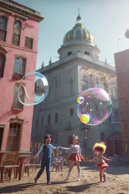 Ultra realistic circus scene. Child’s playing, smile, happy, color bubbles, smooth color, waist up view, Wes Anderson style, a lot of people background, highly detailed, concept art, unreal engine 5, god rays, ray tracing, RTX, lumen lighting, ultra detail, volumetric lighting, 3d, finely drawn, high definition, high resolution.