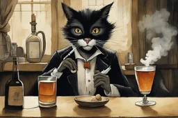 childrens book illustration, macskássy izolda, a frightened looking black and white cat with a cigarette in his mouth, a glass of whiskey in his hand, looking just at us in a smoky pub, van eyck, painted on rough canvas with exaggerated lines, sharp brushstrokes, dripping, plastic paint watercolor and ink, oil on canvas jean baptiste monge