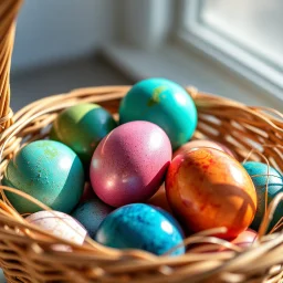 digital photograph of off-center modern basket colorful Easter eggs. eggs display intricate textures in azure, emerald, blush, crimson, sapphire,metallic cinematic HDR backlighting highlights subtle dimples and glossy reflections, with shallow depth of field softening the sunlit background. hyperrealistic 8k resolution,