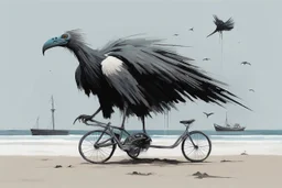 a long-legged lean black-grey cybervulture with ((beak-shaped heads)) (wearing white khiton) riding a bike in front of a boatwreck on a radioactive beach, front view, acrylic painting, minimal art, centered, wild sparse brushstrokes, amazing verticals, great parallels, low bleak colors of gray, blue and black, excellent negative space contrasts