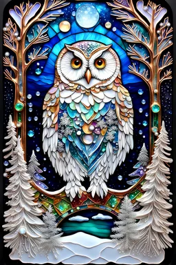 whimsical 3D and alcohol ink ethereal image of radiant chalkboard drawing of a hyperdetailed snow owl, pine trees by a frozen pond, ice crystals spread out from the wings; made of stained glass and agate with copper foil highlights; pearls, sequins, faceted gemstones, crystals, snowflakes, starry night, nebula sky, crescent moon, luminous color sparkles, 80's poser art, gig poster art, deep forest, glitter snow, snowflakes, hyperdetailed realistic