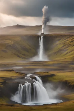 landscape from Iceland, with one geyser, green mountains, a sky with northern lights, a big waterfall, and a lava fountain