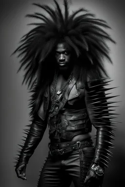 Elvin J. Snoodle with long, spikey, black teased up, motley crue style big hair with an extreme tall and muscular stature