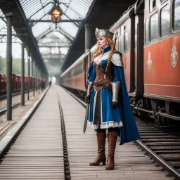 cosplay woman in medieval maiden waiting a train on the platform, het bad on the ground contains a sword and a calice
