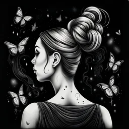 a woman with her hair tied in a ponytail. look behind. butterflies, birds, stars fly around her head. charcoal graphic