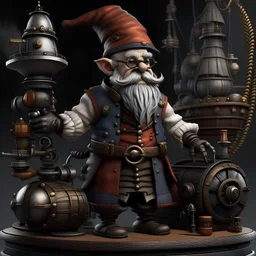 A grey-skinned gnome mad scientist with steampunk clothing and accessoirs, standing on a pirate ship with a flintlock pistol in his hand