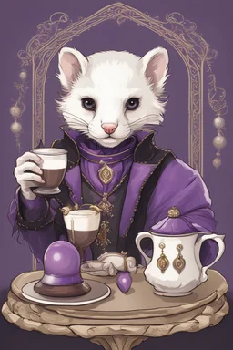 (anthropomorphic white ferret),dressed in ((cleric fantasy)) black and purple clothes with silver holy ornaments, realistic anatomy, fantasy tavern on background, mage and holy symbols around, serious face, hold cup of coffe, tired face, in the style of LOISH