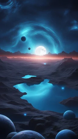 Blue Galaxy , the solar system of the planets , surrounded by neon Blue and Black fog, 3D, trippy, spooky. Stunning environment, beautifully lit, insanely detailed