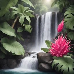 Separate waterfall with tropical leaves and dragon fruit