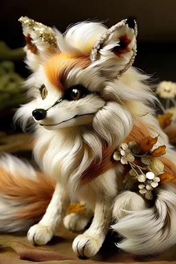 Meet Kitsune, a charming and delightful creature with the grace of a fox and the allure of a young maiden. Her fur is a beautiful coat of soft, silver fur accented by bushy, curled tails that fan out behind her. With bright, expressive amber eyes full of curiosity, she gazes intently at the world around her. Her small button nose sits atop a petite snout, adding to her endearing appearance. Dainty paws adorned with white paw pads contrast sharply against her silver fur. She wears a flowing dress