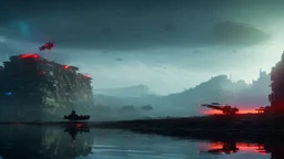 ((high contrast)), ((dystopian)), towering mechs and giant alien ships loom over a devastated cityscape, as human resistance fighters armed with energy weapons mount a last-ditch effort to repel the invasion,A wooden boat floating serenely on a crystal clear lake surrounded by snow-capped mountains , with a single fisherman sitting calmly in the center, his line cast towards the distant shore. The sun sets behind him, casting a warm orange glow on the surface of the water and the surrounding sno