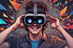 الصورة تعرض شابًا يرتدي نظارات الواقع الافتراضي وهو يستمتع بتجربة واقع افتراضي مذهلة. يظهر وجهه المبتسم وتعابير الدهشة في عينيه واضحة، حيث يبدو وكأنه مغمور في عالم ثلاثي الأبعاد مليء بالألوان والتفاصيل. تتدفق الأسلاك من النظارات على جانبي وجهه، مما يُظهر التفاصيل التكنولوجية المذهلة للجهاز. خلفه، يمكن رؤية أشكال هندسية ثلاثية الأبعاد وصور مجردة تطفو في الهواء، مما يعكس تجربة فريدة وغامرة للواقع الافتراضي. يتواجد شعار "مستقبل الواقع الافتراضي" بالزاوية السفلى اليمنى للصورة، يضفي لمسة إضافية من ال