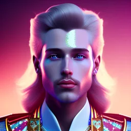 Portrait of a handsome prince galactic, glitter blue prince suit with jewels and stripes, long blond hair, blue eyes, cinematic lights unreal engine 5, 4k, focus details, beam